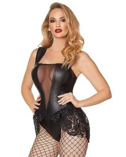 Adult Black Faux Leather And Lace Bodysuit